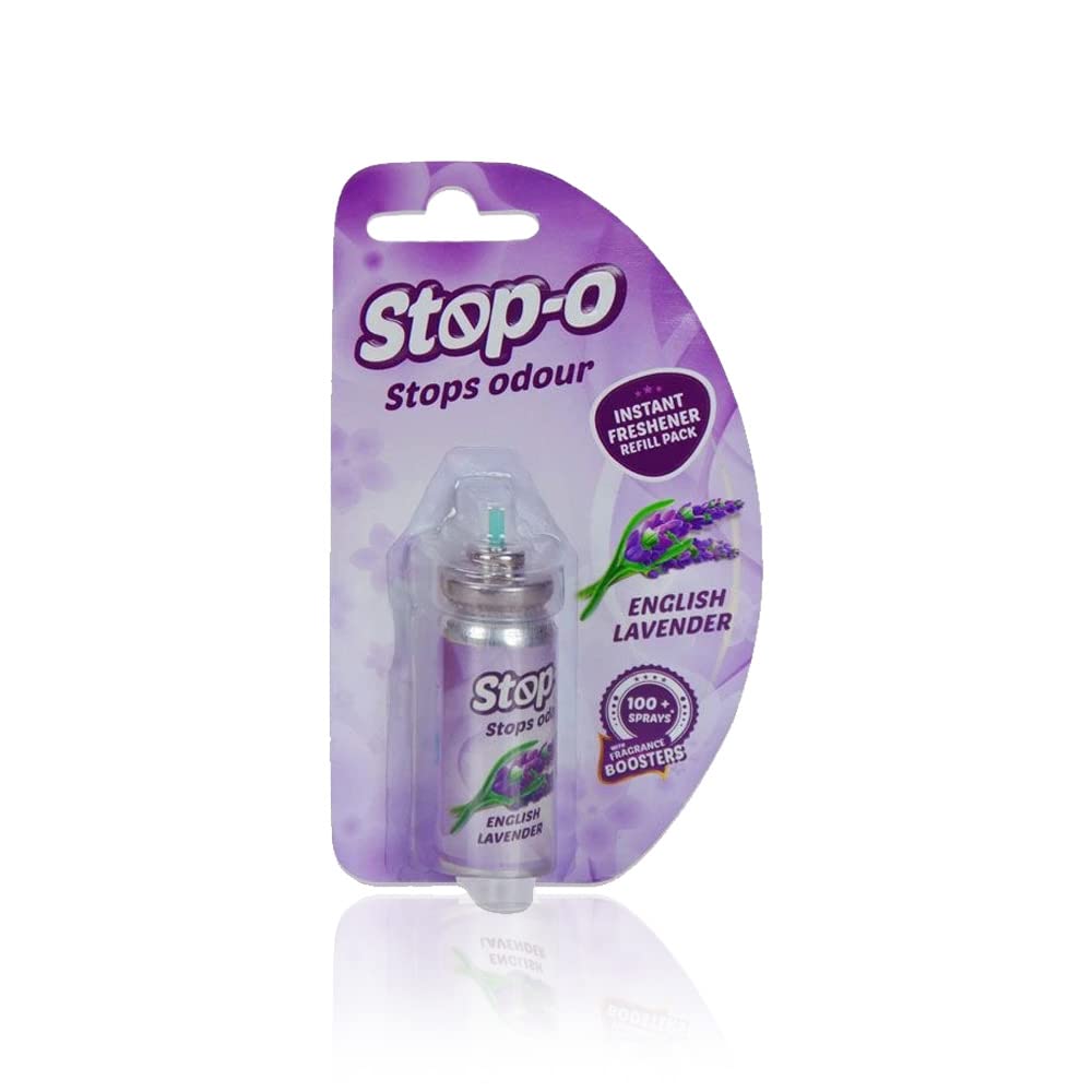 Stop-O One Touch Power Spray - Instant Bathroom & Toilet Freshener with Lemongrass & Lavender Scent | 100 Sprays per Refill (1 Dispenser + 3 Refills) | Eliminates Odors Fast for Home, Office & Public Restrooms