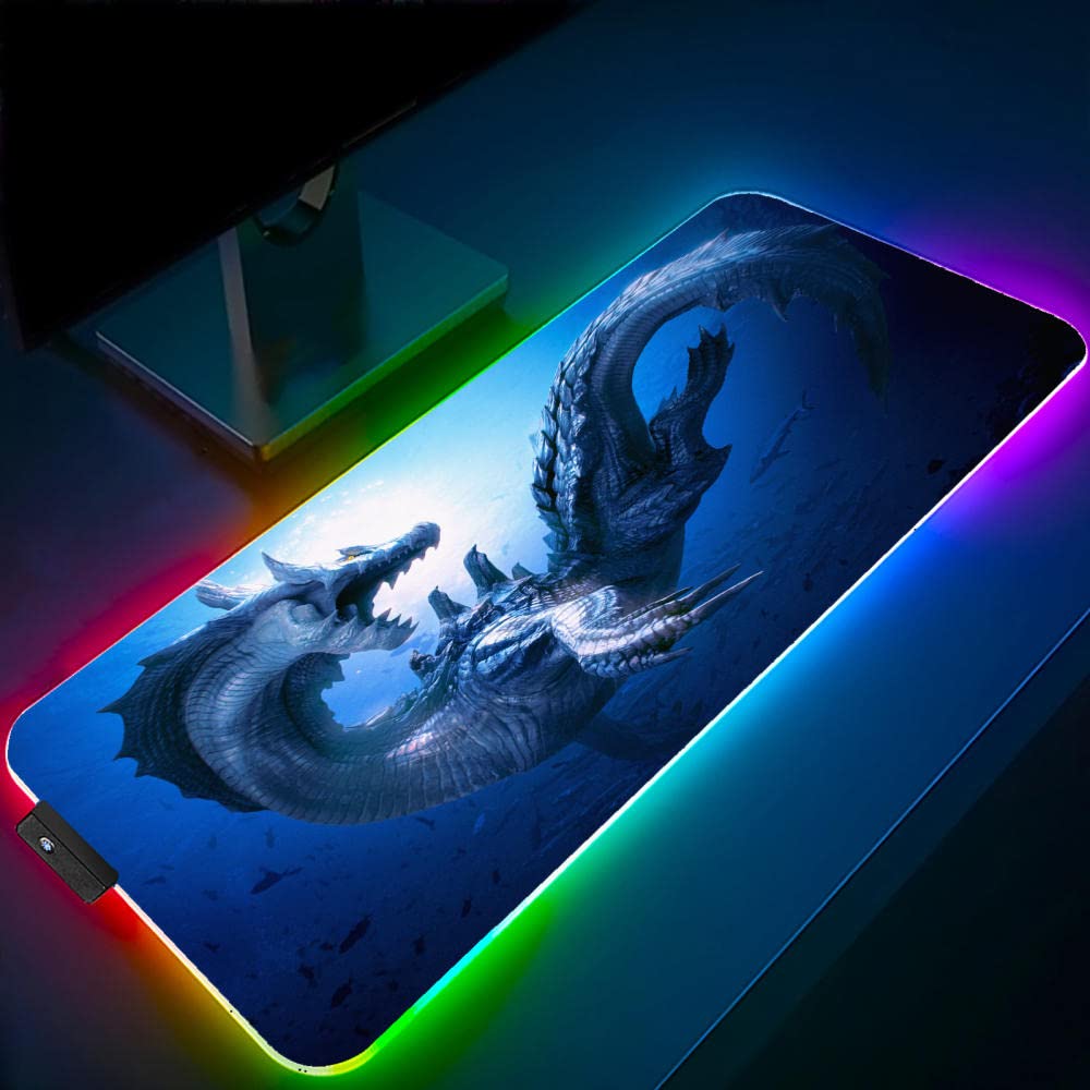 Monster Hunter Gaming Mouse Pad with RGB LED Lighting - XXL 23.62x11.8 Inch Non-Slip Desk Mat for PC Gamers - Perfect for Gaming Setups & Office Workstations
