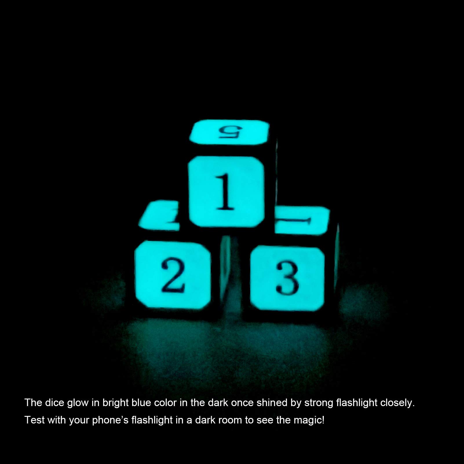 Haxtec 3-Pack Silver Glow in The Dark D6 Dice Set - Blue Glowing Metal Die for Dungeons & Dragons, RPG, Board Games & Tabletop Adventures