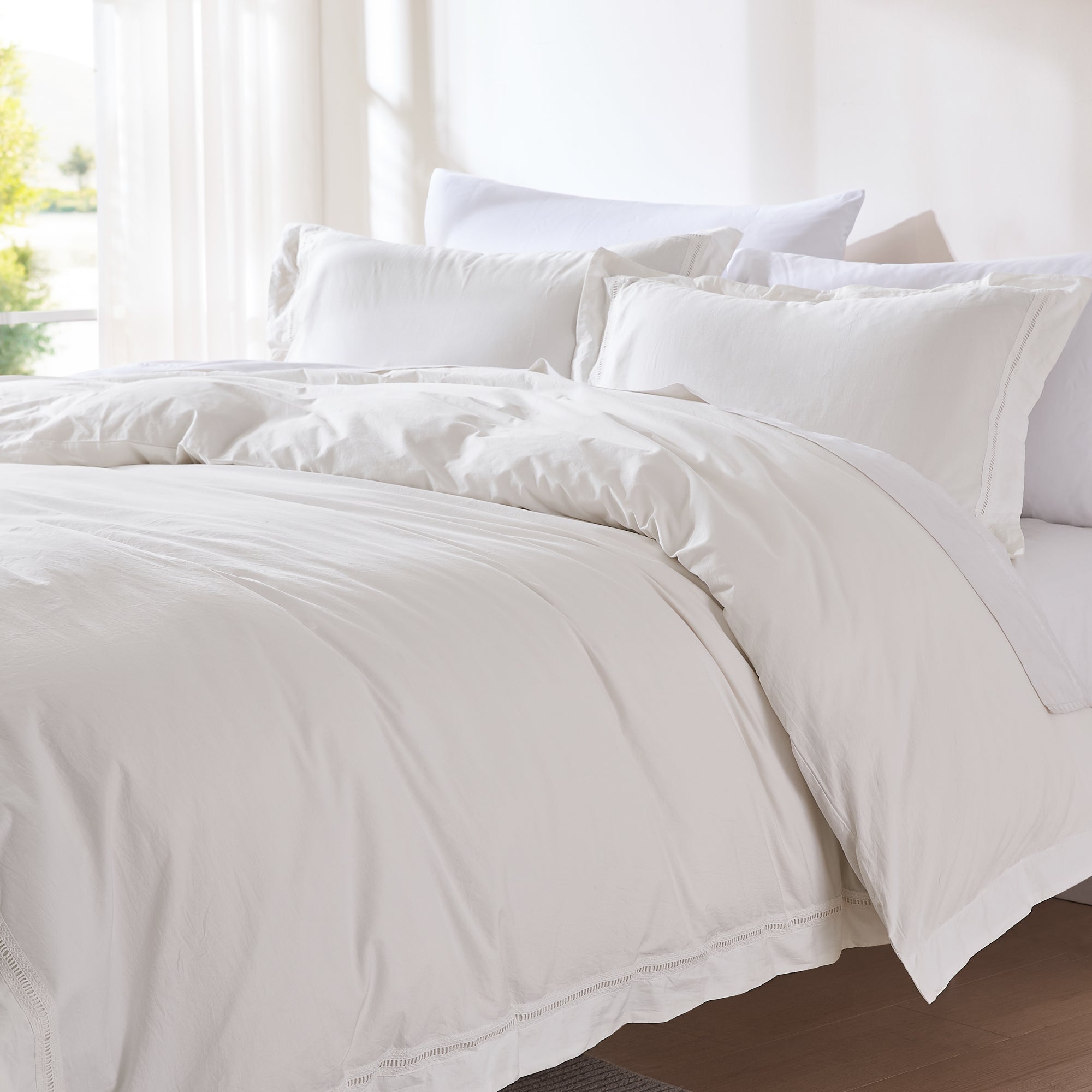 Doris Eyelet Inset Trim Cotton Duvet Cover Set - Queen Size Bedding Set with Pillowcases - Breathable Soft Duvet Cover for Bedroom, Guest Room & Dorm Decor