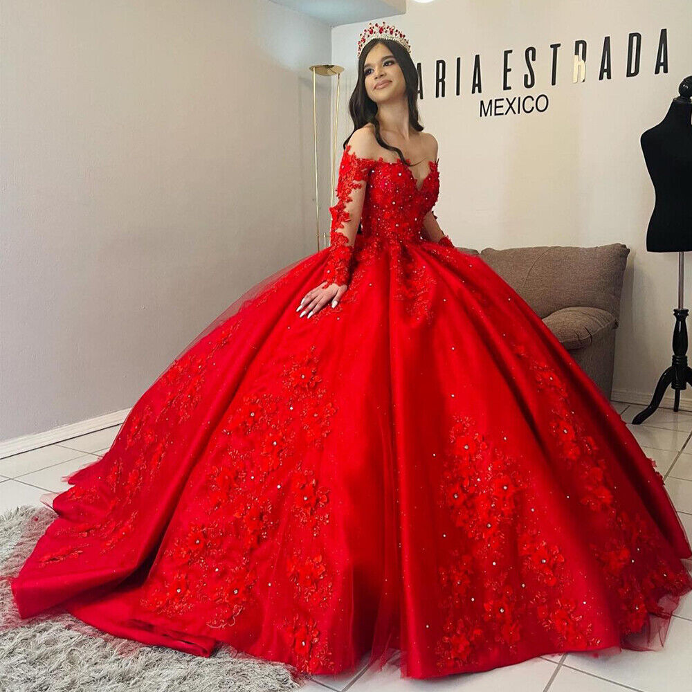 Elegant Long Sleeve Red Vintage Quinceanera Dress with Floral Embroidery & Beaded Off-Shoulder Neckline - Perfect for Sweet 16, Birthday Parties & Special Occasions