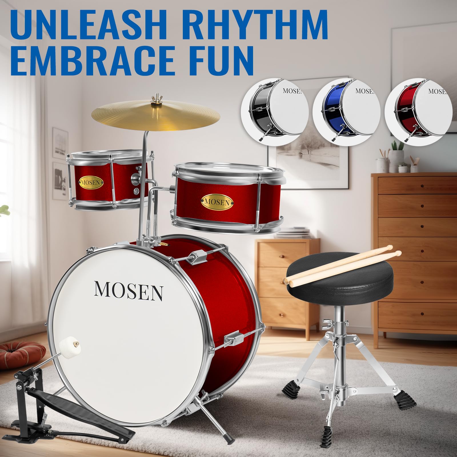 MOSEN 3-Piece Kids Drum Set with Adjustable Throne, Cymbal, Pedal & Drumsticks - Beginner Junior Drum Kit with Bass, Tom & Snare Drum (Red) - Perfect for Home Practice, Music Lessons & Birthday Gifts for Toddlers & Young Children