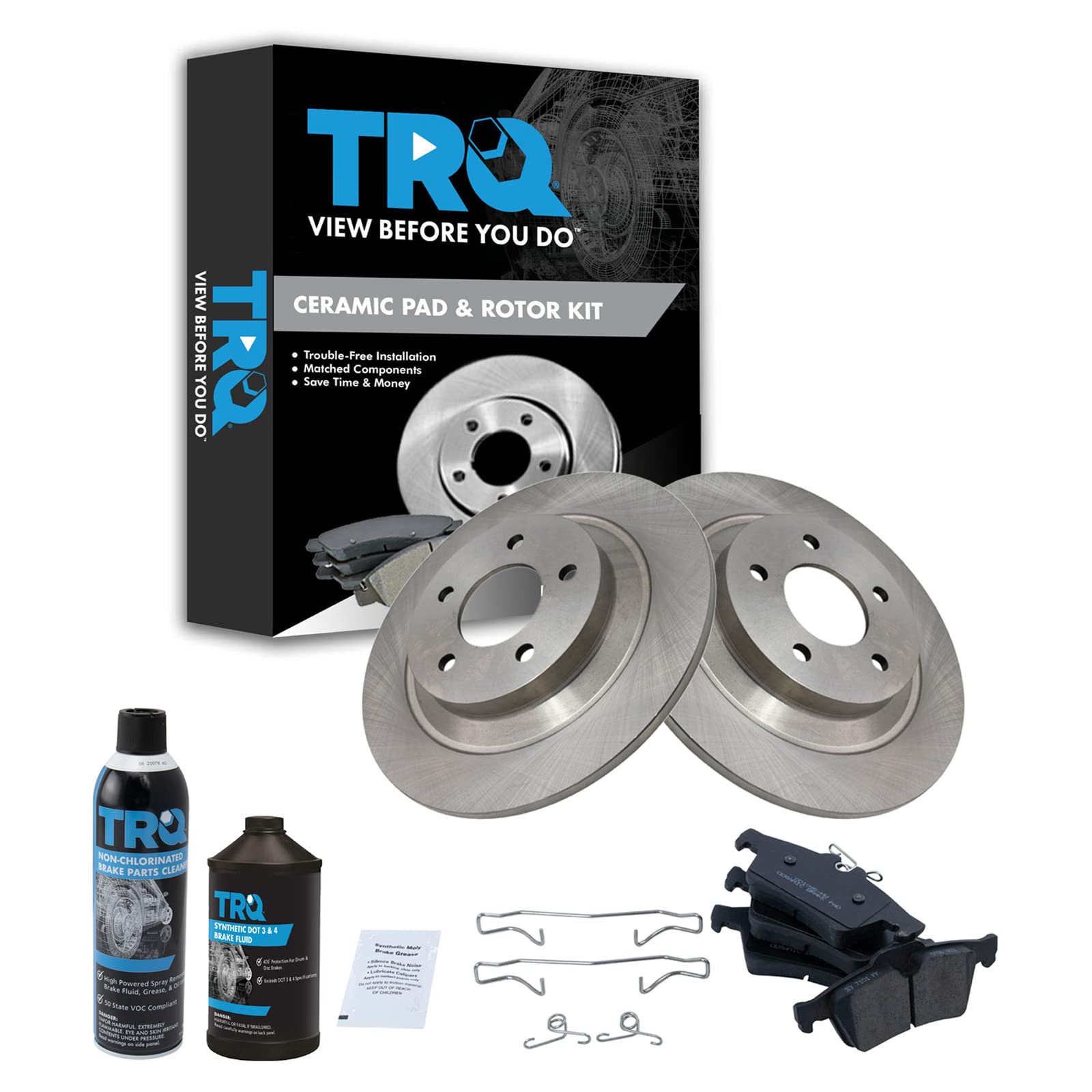 TRQ Rear Brake Pad and Rotor Kit with Ceramic Brake Pads - Compatible with 2007-2015 Mazda 5 - High Performance Braking System for Smooth Stops - Perfect for City Driving and Highway Commutes