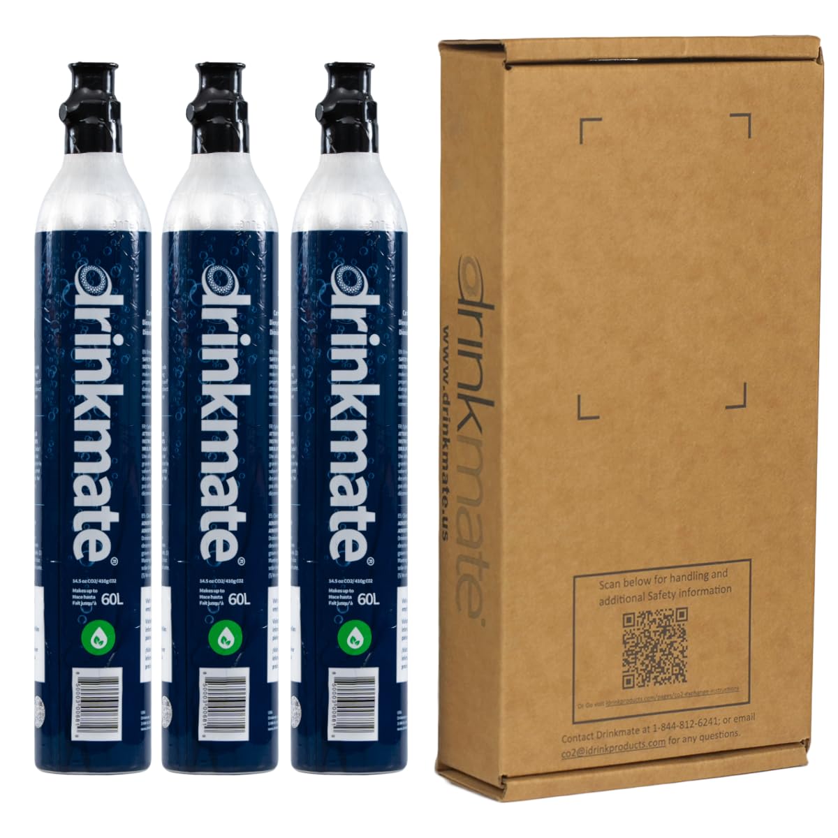 Drinkmate 60L CO2 Carbonation Cylinders - 3 Pack, Compatible with SodaStream (Screw-In), Aarke, Ninja Thirsti - 14.5 Oz Refillable Gas Canisters for Sparkling Water, Soda & Cocktails | Home & Office Beverage Carbonation System