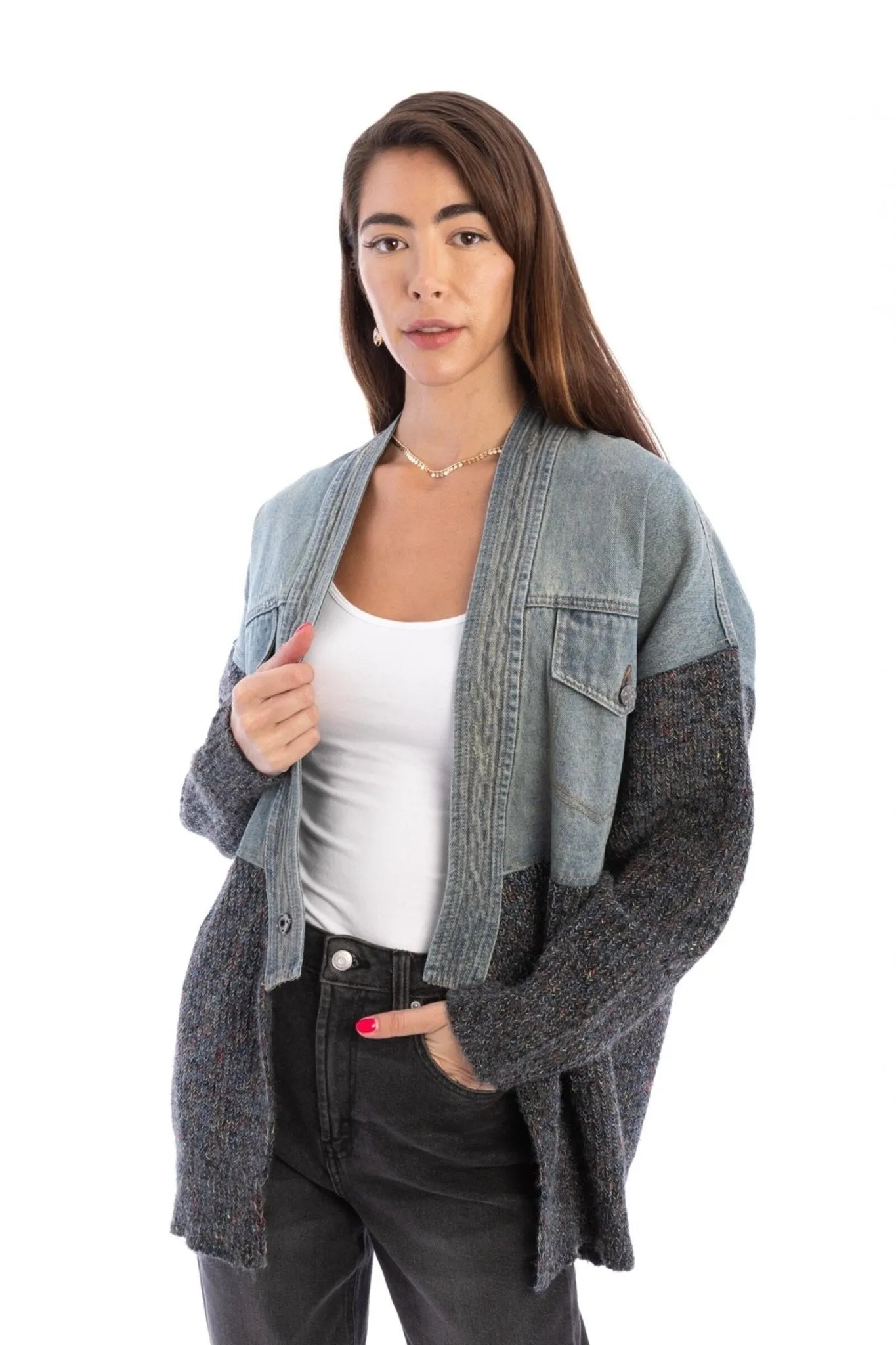 Stylish Grey Denim Sweater Jacket for Women - Cozy Fall & Winter Layering Essential - Perfect for Casual Outings and Date Nights
