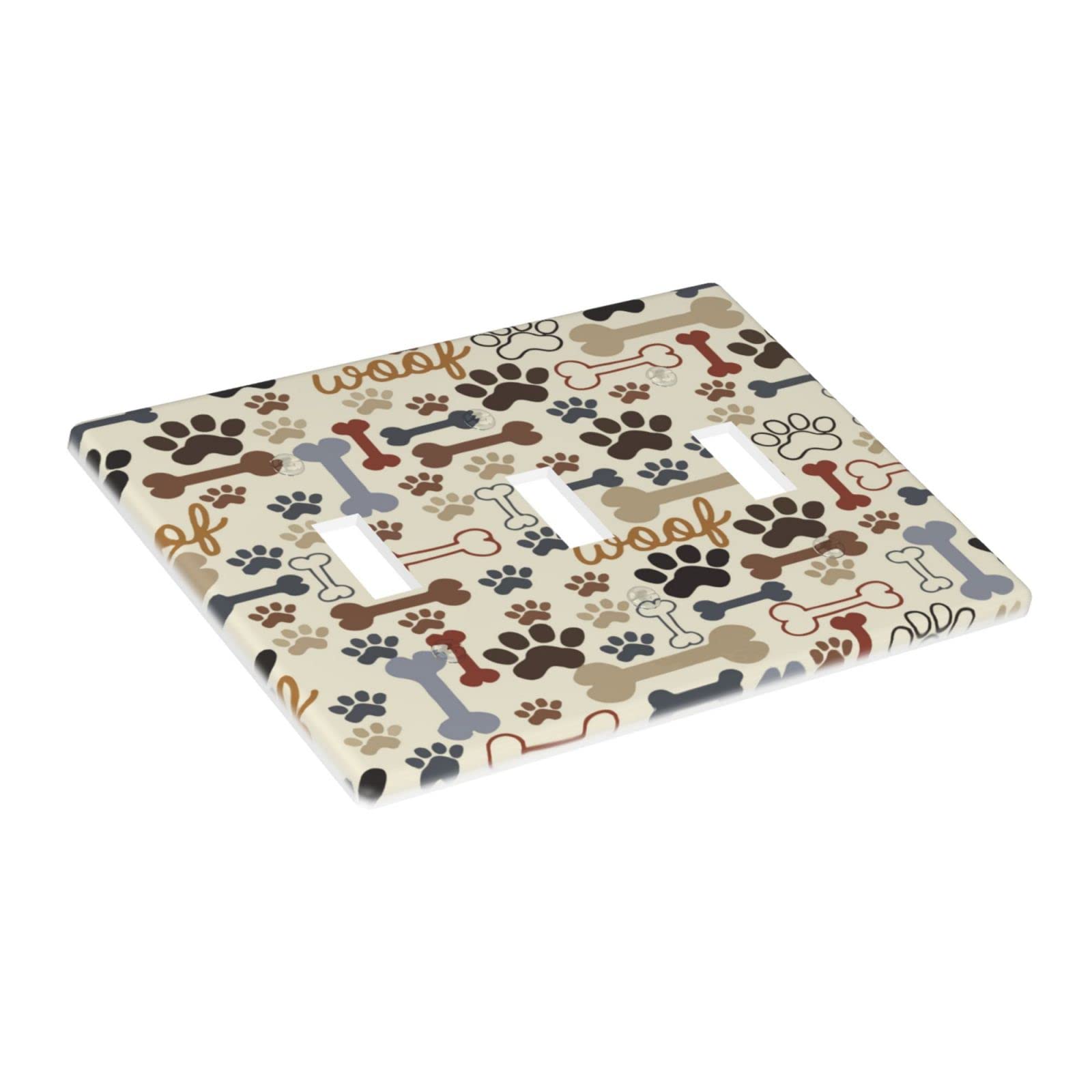 Decorative Triple Toggle Light Switch Cover - 3 Gang Standard Size 6.3x4.5 Inch - Dog Paw Prints & Bones Design - Wall Plate for Kitchen, Bedroom, Girls Room - Perfect for Pet Lovers & Home Decor