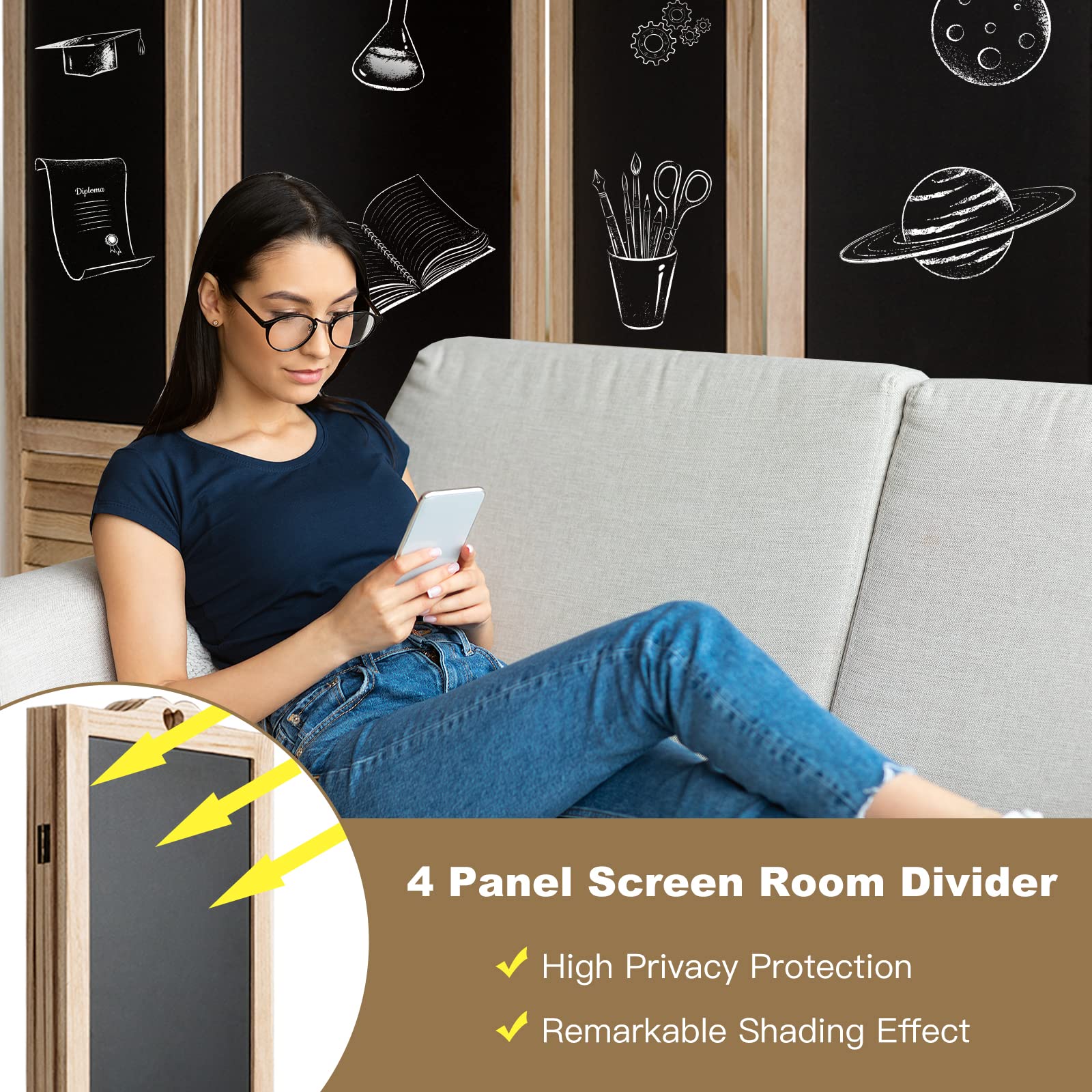 Happygrill 4 Panel Wooden Room Divider with Chalkboard - 5.7 Ft Tall Folding Privacy Screen for Bedroom, Office, Living Room & Restaurant - Perfect for Space Partition, Home Decor & Creative Note-Taking