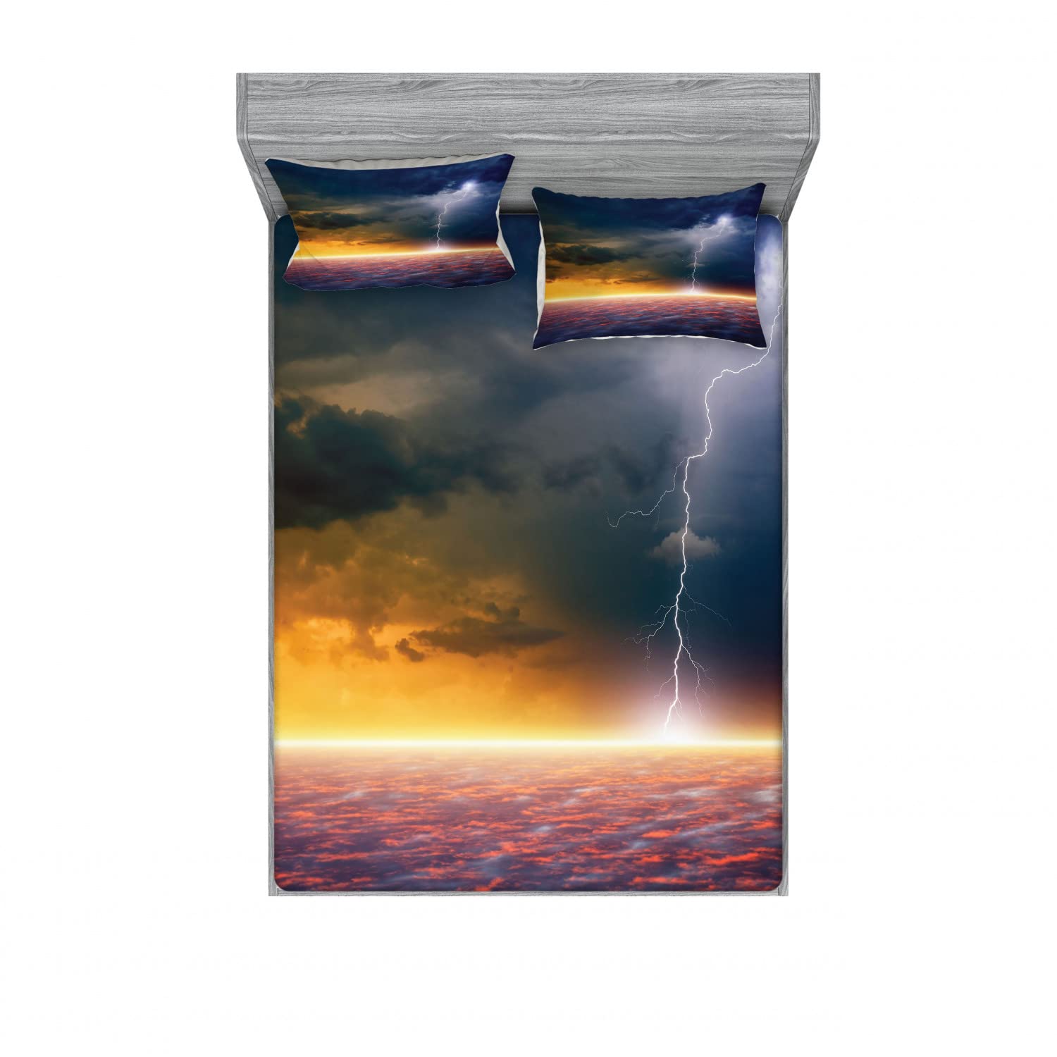 Ambesonne Apocalyptic Sky View 2-Pack Full Size Fitted Sheet Set with 4 Pillow Shams - Orange & Blue Landscape Bedding Decor for Modern Bedrooms | Perfect for Guest Rooms, Dorms & Themed Bedroom Designs
