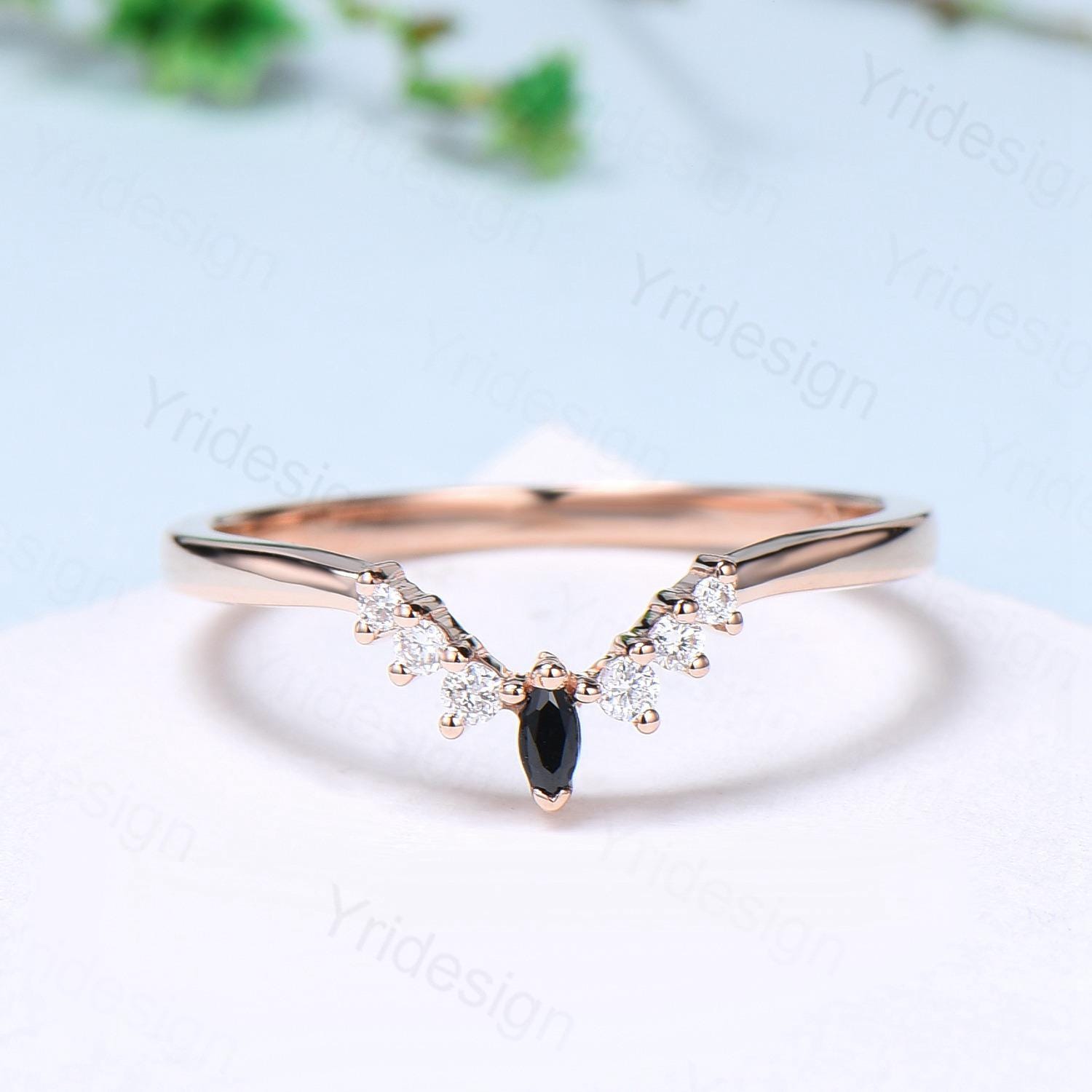 14K Rose Gold Curved Wedding Band for Women - Lab Grown Diamond & Black Spinel Art Deco Stacking Ring - Custom Matching Anniversary Jewelry Gift for Brides, Wives, and Couples - Perfect for Weddings, Engagements, and Special Occasions