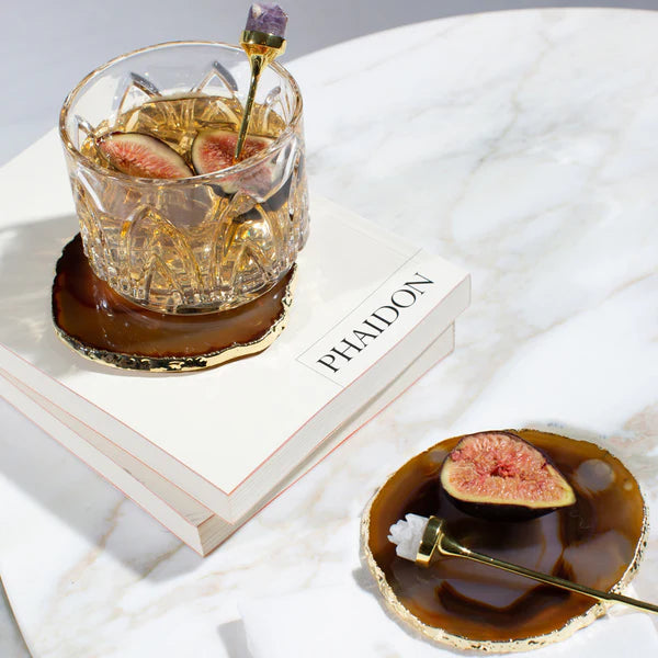 Premium Sand Agate & Gold Coasters Set of 4 - Elegant Drink Protectors for Coffee Tables, Bar Countertops & Home Decor - Natural Stone Coasters for Hot & Cold Beverages