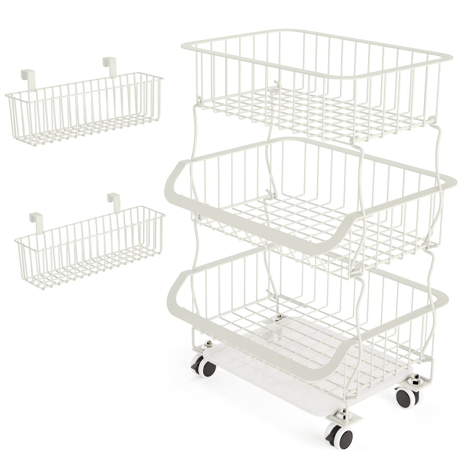 3-Tier Stackable Metal Wire Basket Cart with Rolling Wheels - White Kitchen Pantry Organizer for Fruits, Vegetables & Storage - Includes 2 Free Baskets - Perfect for Home, Garage & Office Organization