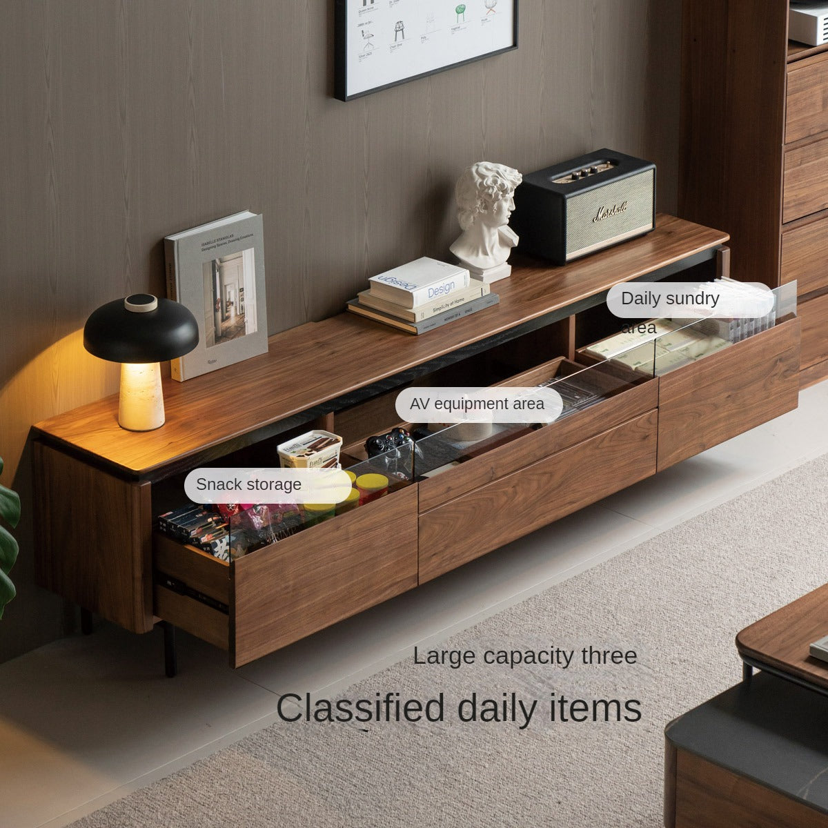 Premium Black Walnut Solid Wood TV Stand - Modern Entertainment Center with Storage Shelves for Living Room, Bedroom & Home Theater Setup