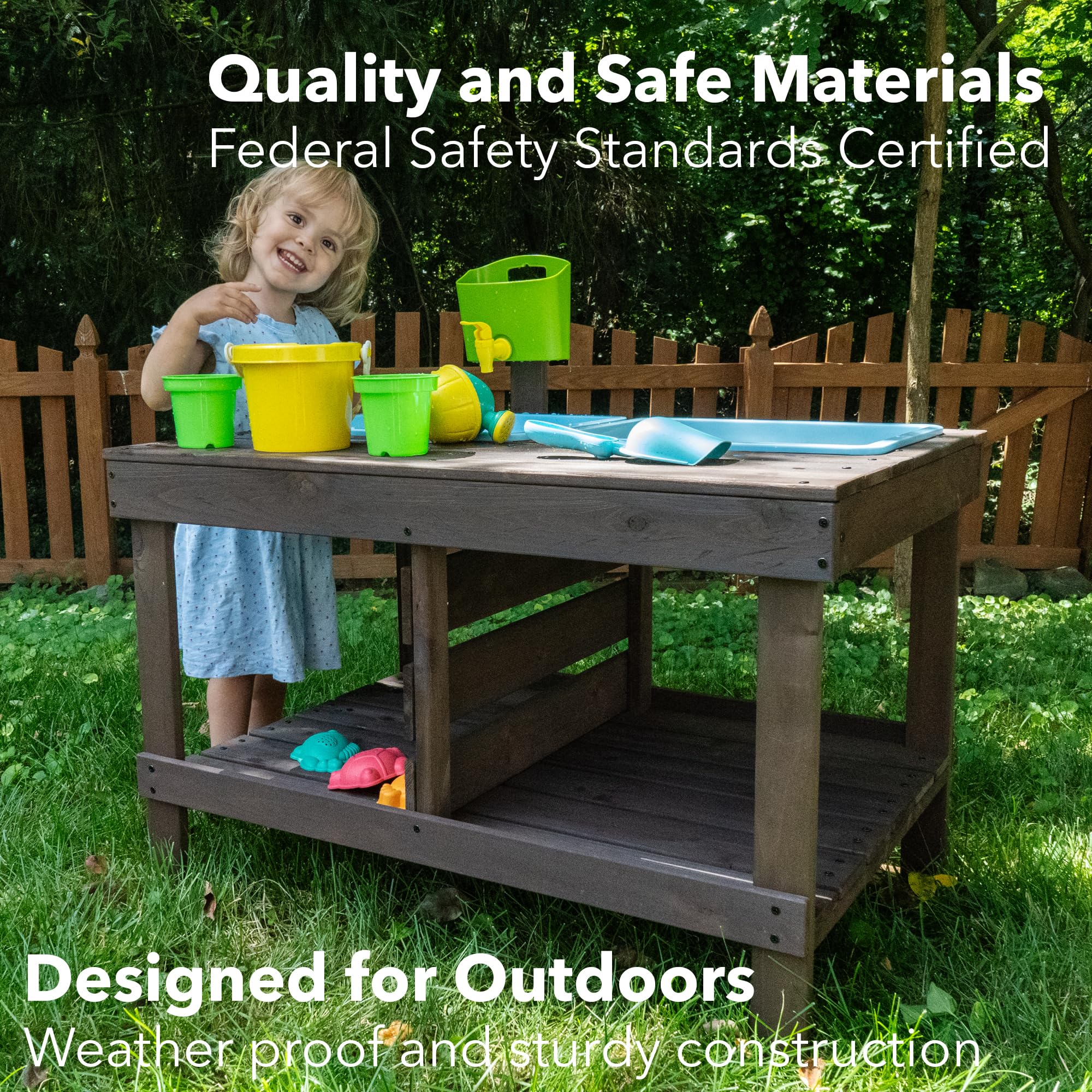 WONKAWOO Wooden Sand and Water Table for Toddlers - Outdoor Sensory Play Table with 2 Plastic Bins, Built-in Water Tap & Beach Toys - Sand & Splash Oasis™ Standing Activity Table - Perfect for Backyard, Beach, and Preschool Playtime