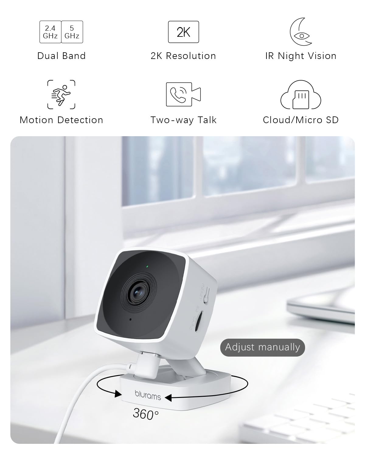 Blurams 2K Indoor Security Camera with Dual-Band WiFi (5GHz & 2.4GHz) - Pet/Baby Monitor, Night Vision, Motion/Sound Detection, 2-Way Talk, Cloud & SD Storage - Ideal for Home, Nursery & Pet Safety Monitoring