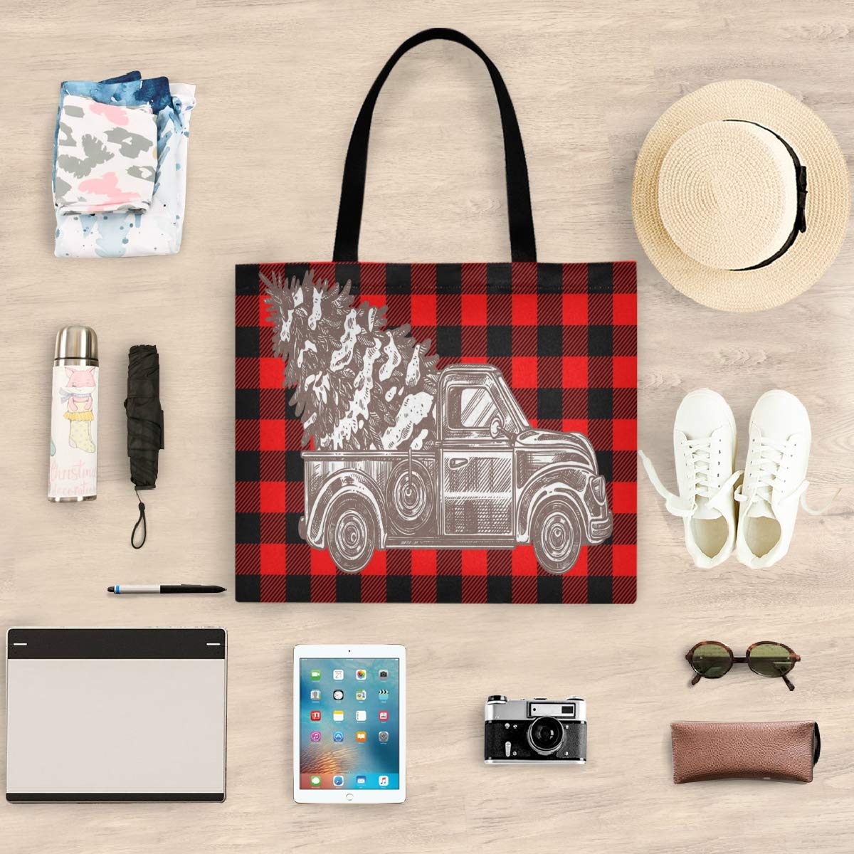 Visesunny Retro Christmas Truck with Tree Floral Large Tote Bag - Waterproof Shoulder Bag with Inner Pocket for Women, Gym, Beach, Travel & Daily Use - Perfect for Holiday Shopping, Work Commute & Weekend Outings