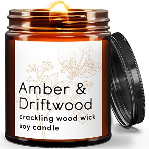 Baltic Amber Scented Soy Candle - 9oz Natural Non-Toxic Wood Wicked Candle for Home Aromatherapy, Kitchen & Beach Decor | Perfect Candle Gift for Women | Relaxing Ambiance for Spa Nights, Romantic Dinners & Cozy Evenings