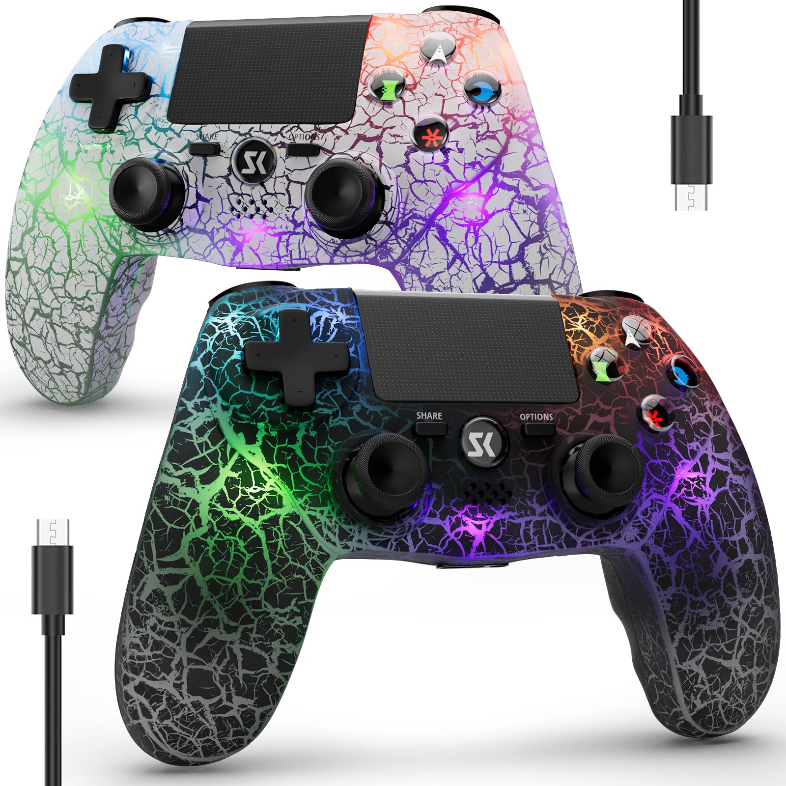 Wireless PS4 Controller 2 Pack - Compatible with Sony PlayStation 4/Pro/Slim, Dual Shock Gamepad with RGB Lighting, 1000mAh Battery, Motion Sensor, Vibration & Built-in Speaker - Perfect for Gaming, Streaming & Multiplayer Sessions