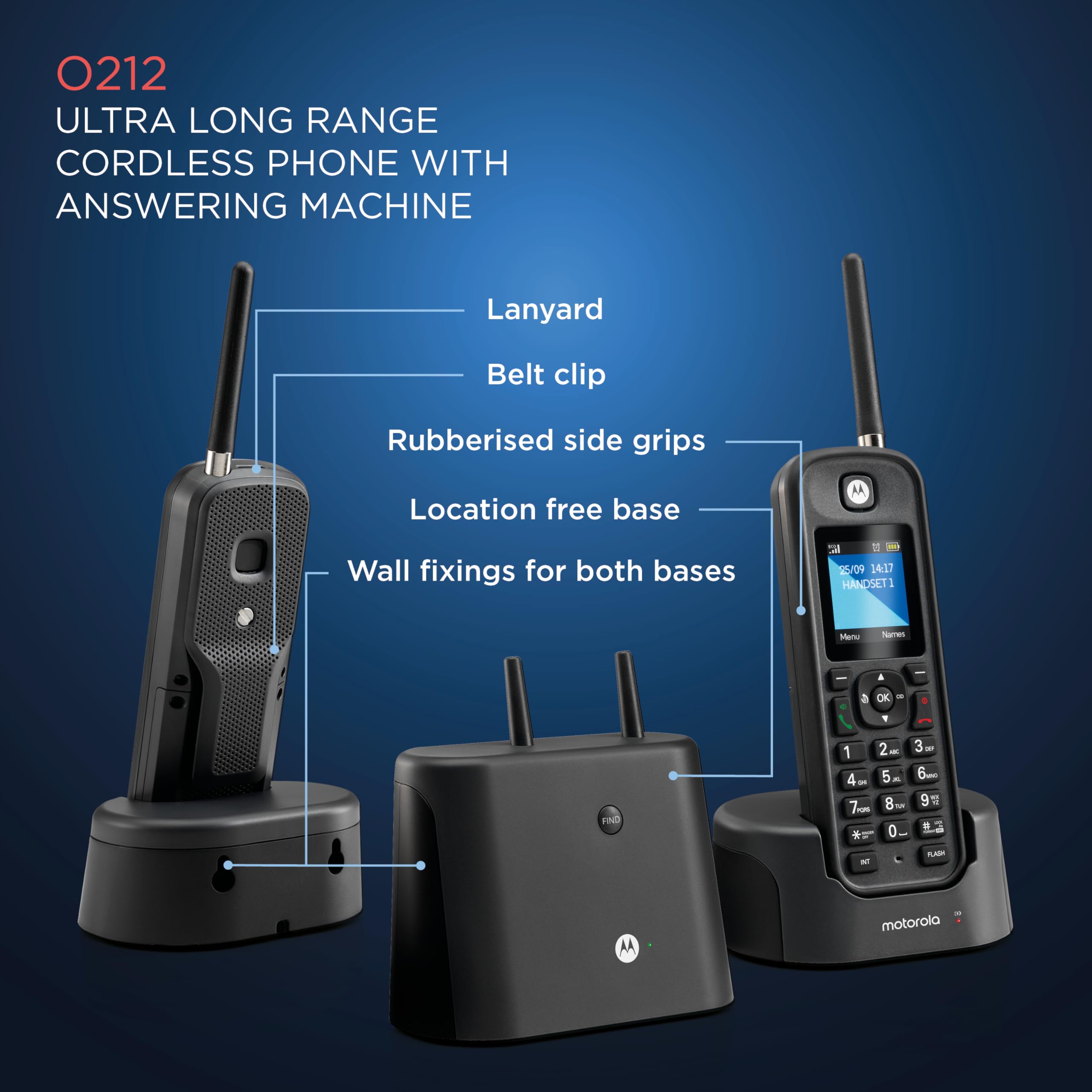 Motorola O212 DECT 6.0 Long Range Cordless Phone with Answering Machine - 2 Handsets, IP67 Water & Dust Resistant, Black - Ideal for Home, Office, Warehouse & Outdoor Use
