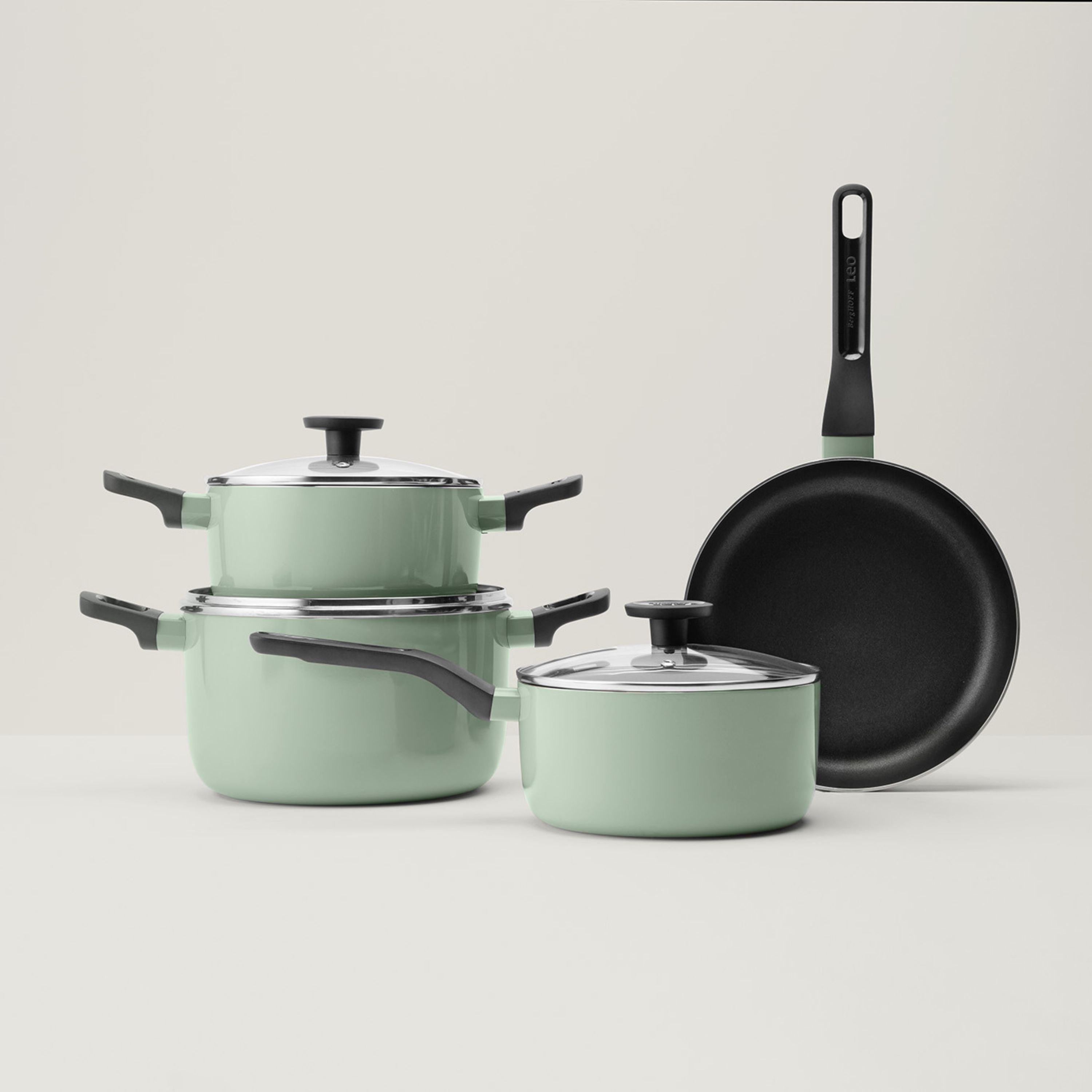 BergHOFF Sage Non-Stick Aluminum 7-Piece Cookware Set with Glass Lids - Perfect for Everyday Cooking, Family Meals & Healthy Home Kitchen