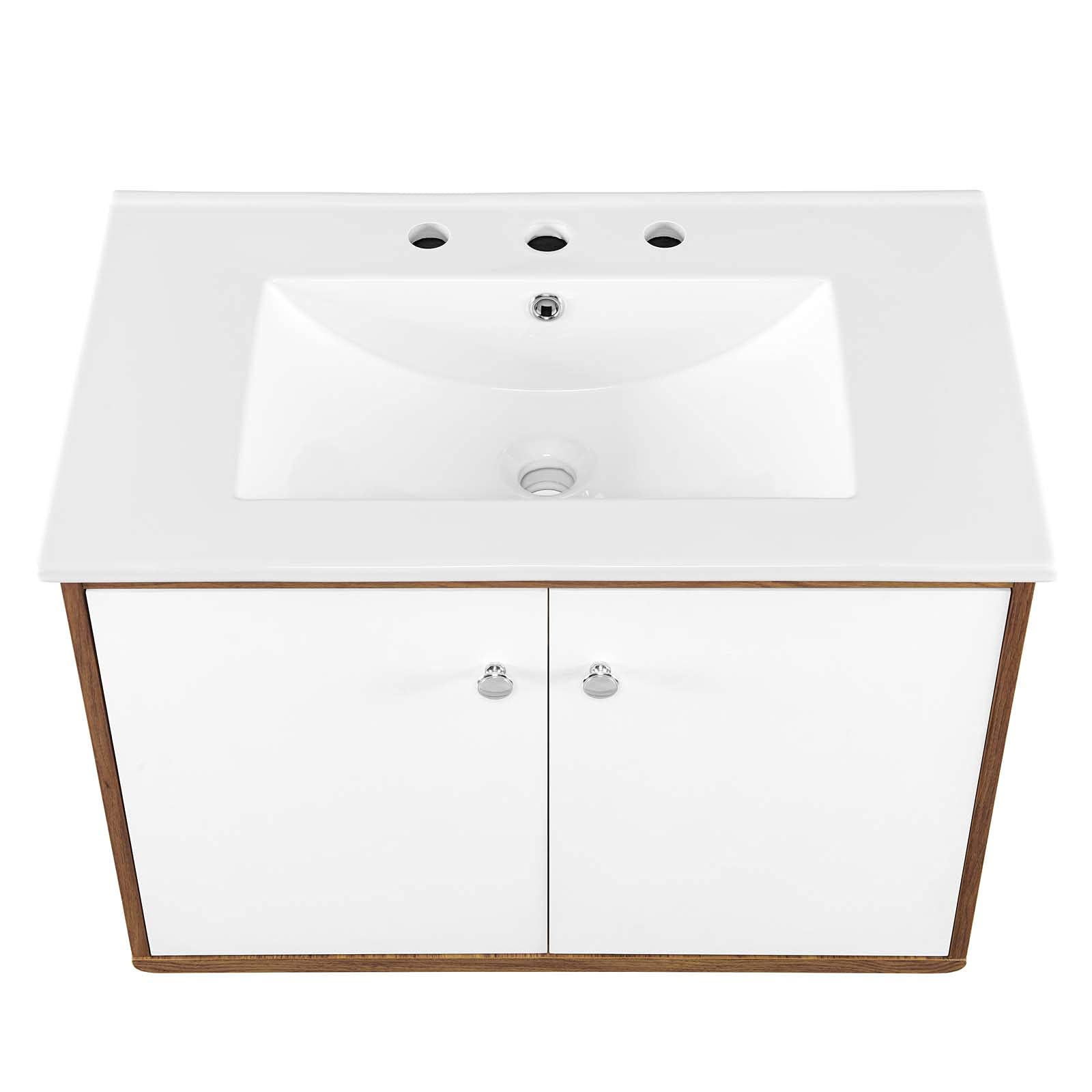 Modern Wall Mounted Sink Vanity Cabinet - Brown Walnut & White Wood Bathroom Storage - Perfect for Hotel, Spa & Contemporary Home Bathroom Design