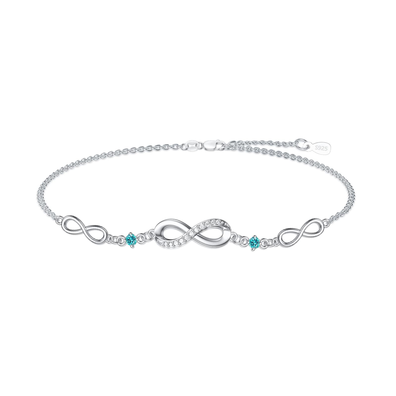 Infinity Bracelet for Women - 925 Sterling Silver Adjustable Birthstone Charm Link Bracelet - Christmas, Birthday Gifts for Wife, Mom, Her - Perfect for Holidays, Anniversaries & Special Occasions
