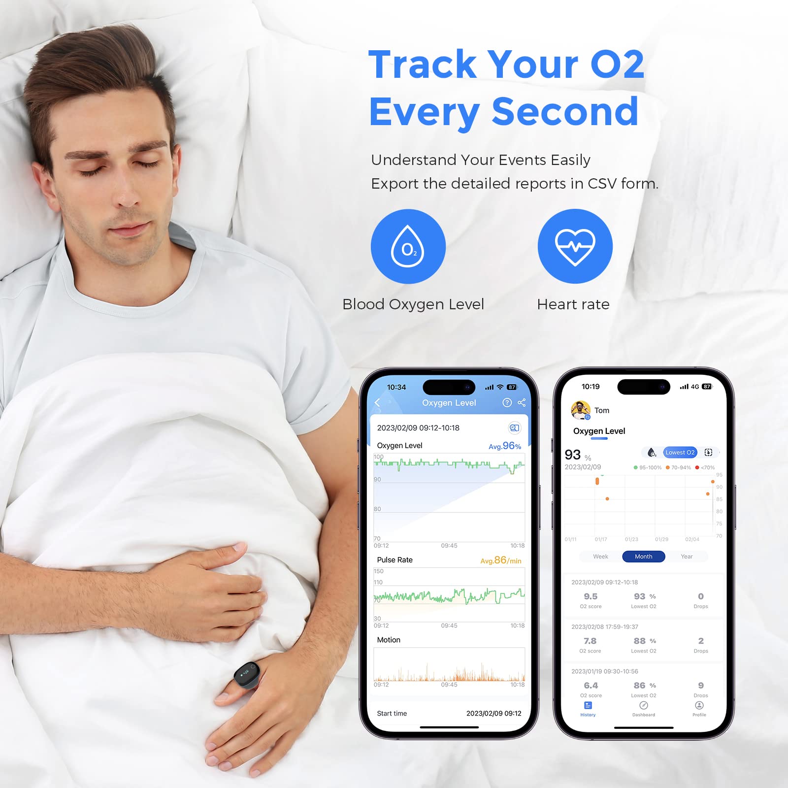 Wellue O2Ring Wearable Pulse Oximeter - Bluetooth Blood Oxygen Monitor with Vibration Alerts, Rechargeable SPO2 Sensor for Sleep & Fitness Tracking - Free APP & PC Report for Health Monitoring