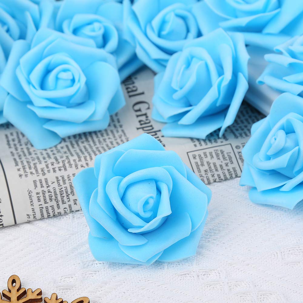 100 Pcs Artificial Foam Rose Flowers - Light Blue Fake Roses for DIY Wedding Bouquets, Bridal Shower Centerpieces, Wall Decor, Kissing Balls & Party Table Arrangements - Bulk Pack for Home & Event Decorations