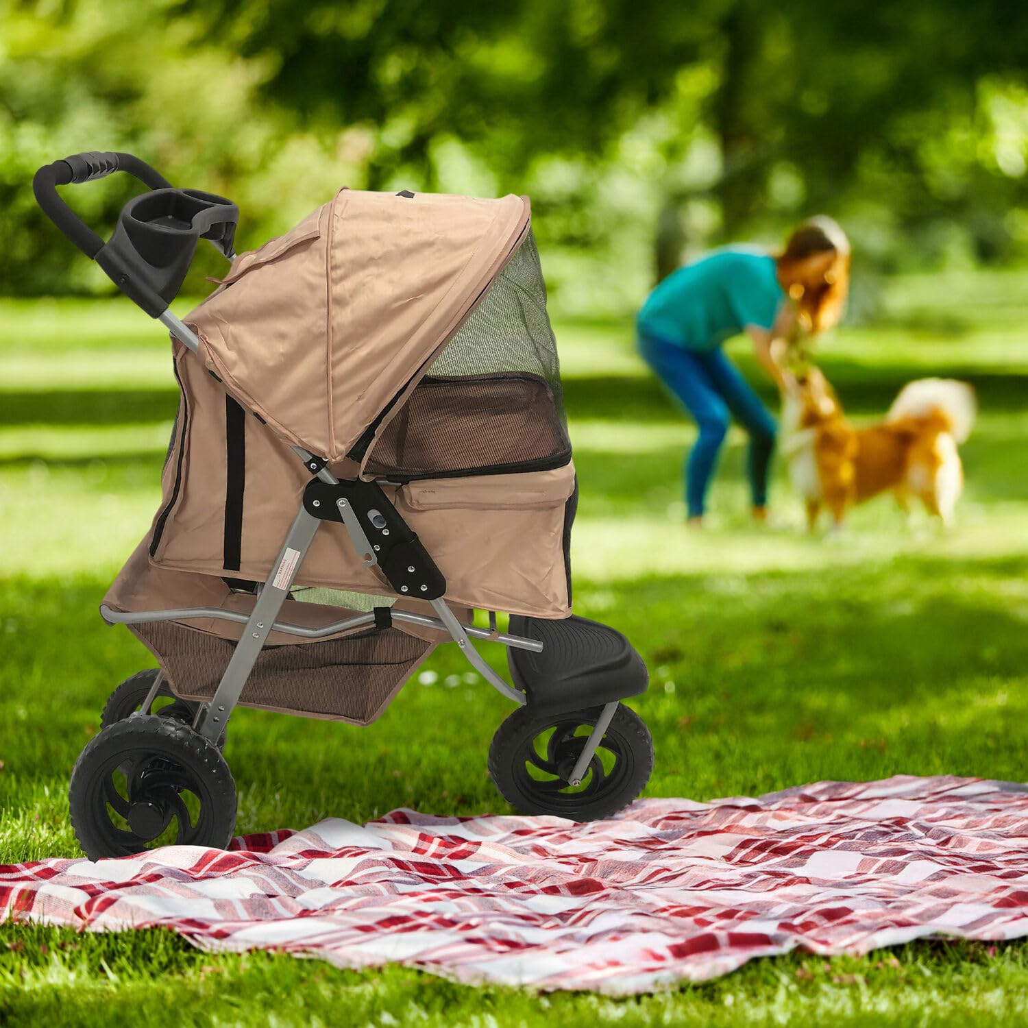 Critter Sitters 3-Wheel Jogging Dog Stroller with Storage Basket & Cup Holders - Modern Pet Stroller for Medium/Large Dogs up to 55lbs - Lightweight Puppy Stroller for Daily Walks, Park Visits & Outdoor Adventures (Tan)