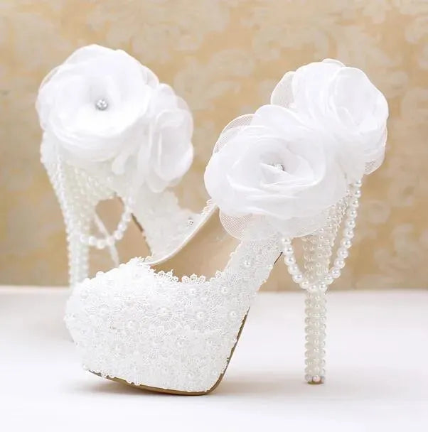 Elegant White Rose Wedding Heel Pumps - Women's Bridal Shoes for Ceremony, Reception & Photoshoot - Perfect for Bride, Bridesmaids & Special Occasions