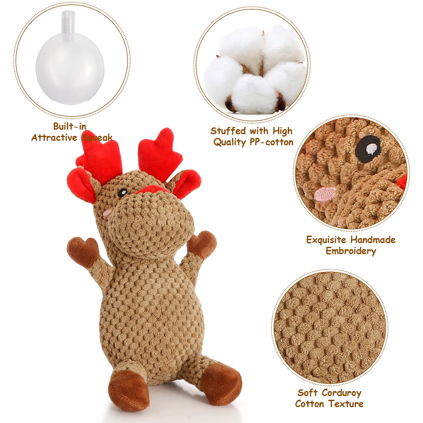 Senneny Christmas Dog Toys - Reindeer Stuffed Squeaky Plush Chew Toys for Large & Medium Dogs | Interactive Durable Puppy Toy for Playtime & Holiday Gifts