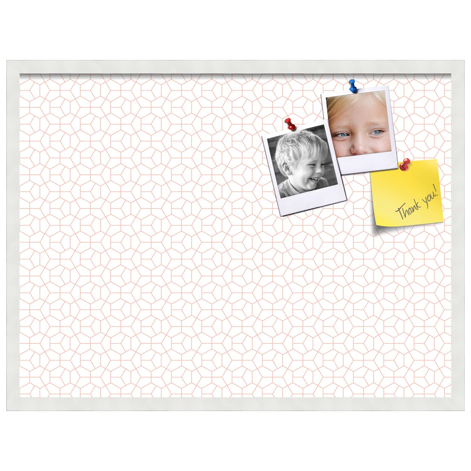PinPix 32x24 Inch Cork Bulletin Board with Hex Grapefruit Design - White Framed Notice Board for Home Office Decor, School Classroom, Dorm Room Organization & Message Display (PinPix-1636)