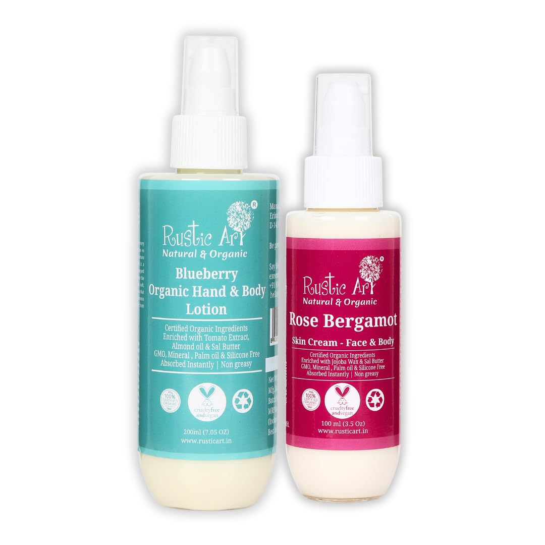 Organic Face & Body Moisturizer Set - Rose Bergamot Face Cream 100ml & Blueberry Body Lotion 200ml | Natural Skincare for All Skin Types | Hydrating Daily Routine for Dry & Sensitive Skin