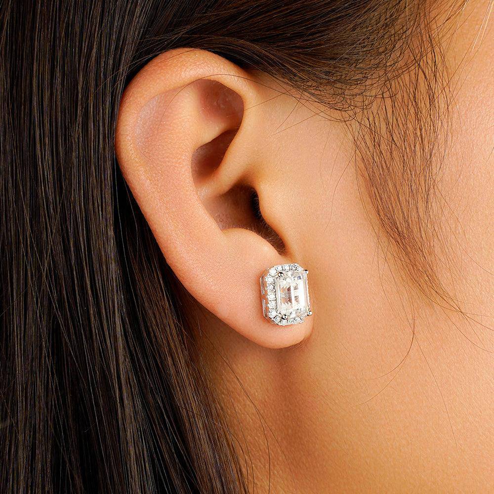 4.14 Carat Emerald Cut Moissanite Halo Stud Earrings in 14K Gold - Elegant Wedding, Anniversary & Gift Jewelry for Women