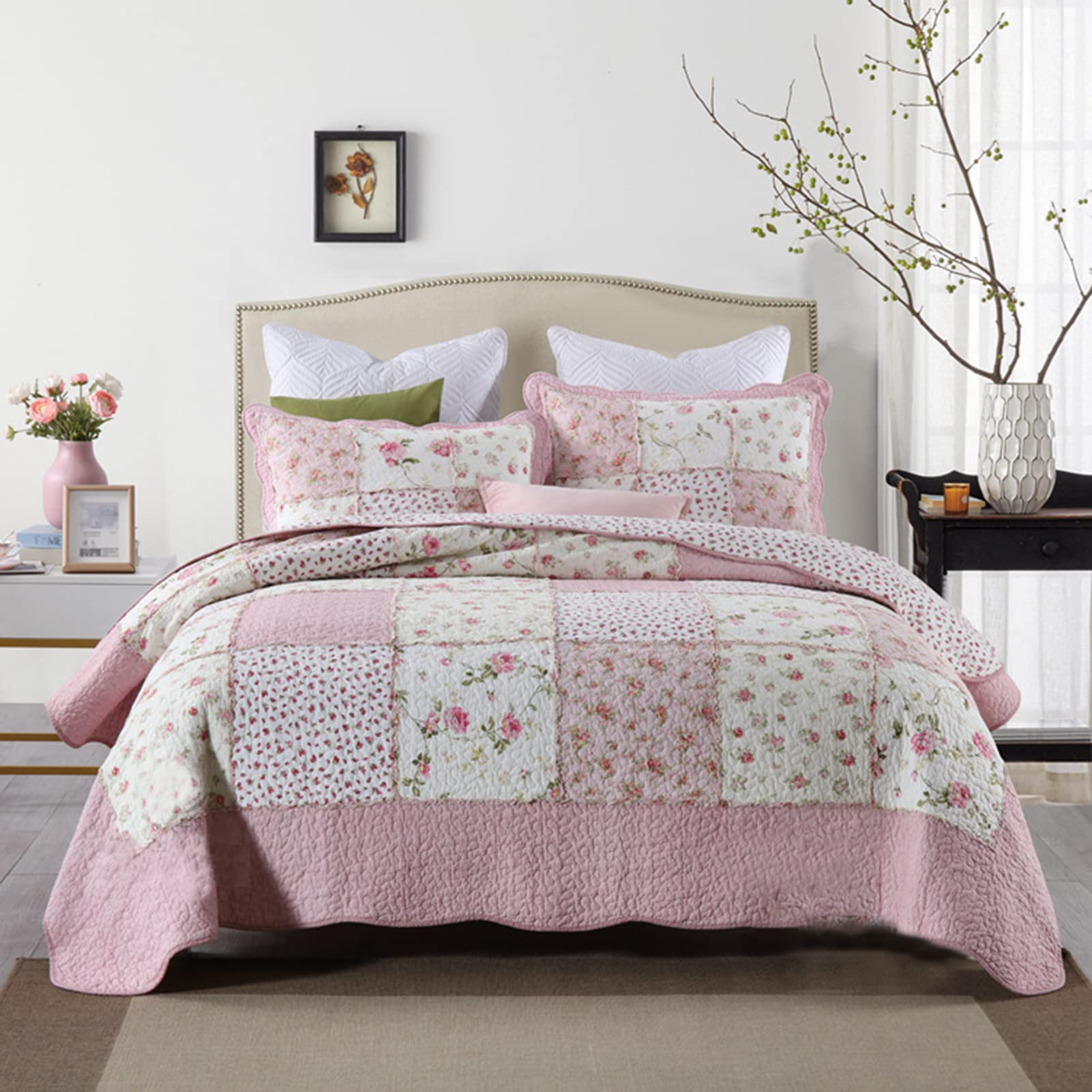 ABREEZE Cotton Quilt Set - Shabby Chic Rose Floral Bedspread, Pink Victorian Coverlet & Comforter Set for Full/Queen Beds | Perfect for Master Bedroom, Guest Room & Farmhouse Decor