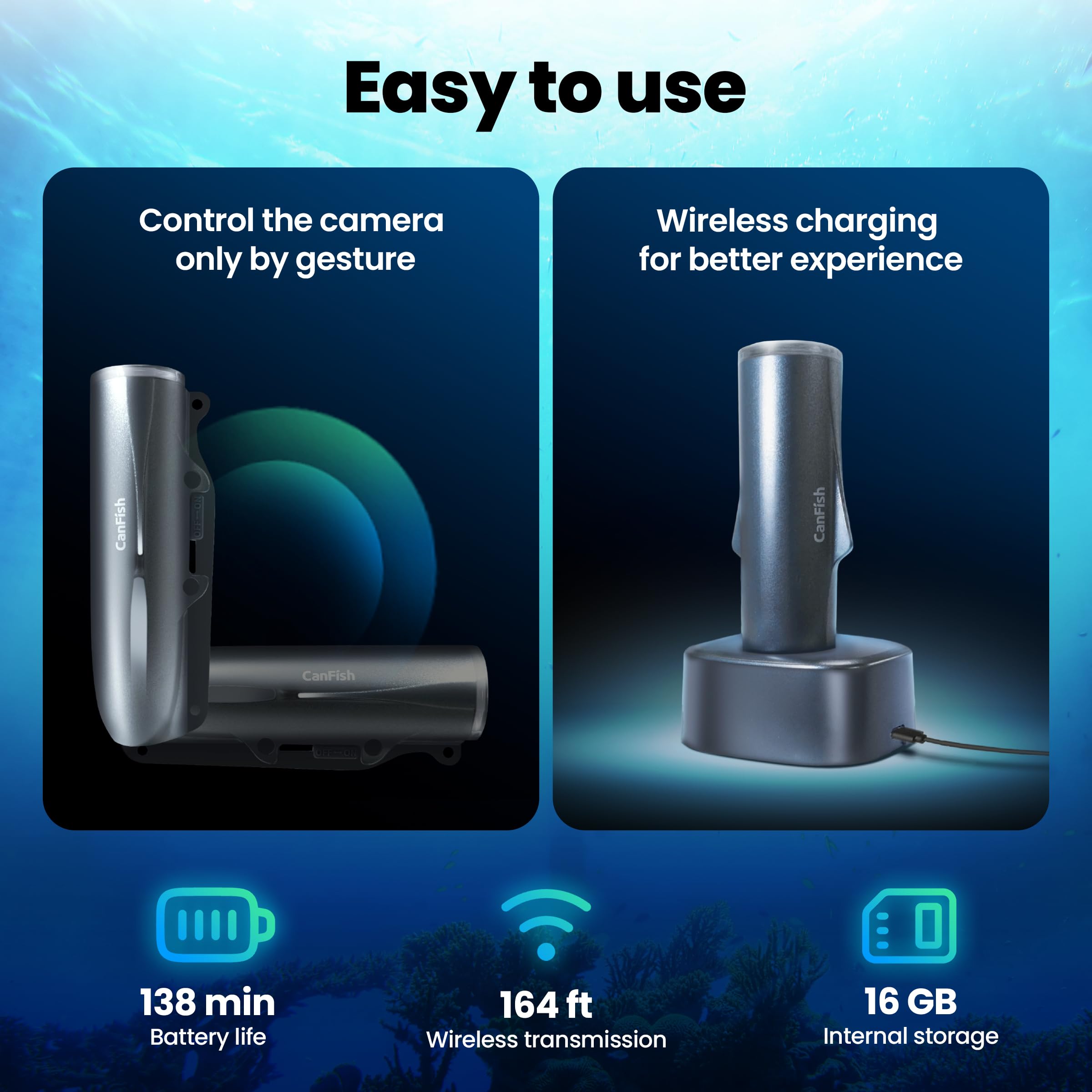 CamX Underwater Fishing Camera - HD 1080P, 136° Ultra-Wide Angle, 656FT Waterproof, Motion Detection, Smart Recording, Wireless Charging, iOS/Android App Compatible (Grey) - Perfect for Deep Sea Fishing, Ice Fishing, Scuba Diving & Underwater Exploration