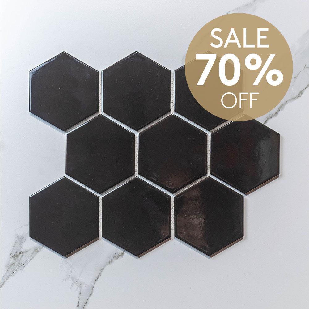 Premium Black Glossy Hexagon Mosaic Tile - 95x110mm (3.74x4.33in) Hive L Pattern - Peel & Stick Backsplash for Kitchen, Bathroom, and Home Decor