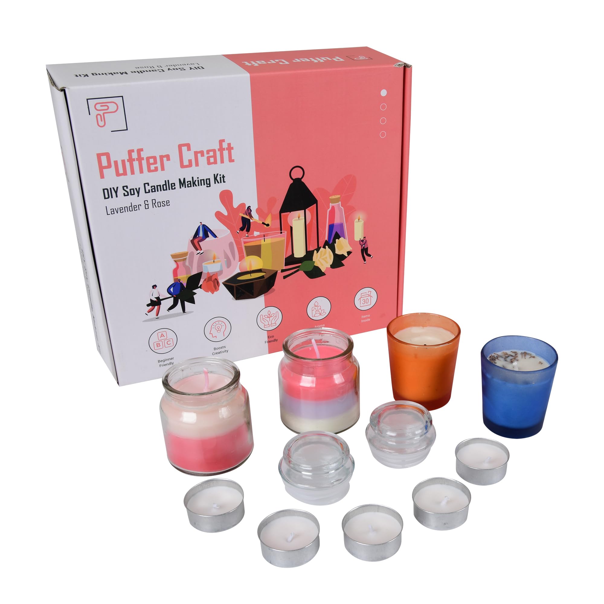 DIY Soy Candle Making Kit with Lavender & Rose Scents - Complete Puffer Craft Supplies for Home Decor, Gifts & Relaxation - Perfect for Aromatherapy, Spa Nights & Romantic Ambiance