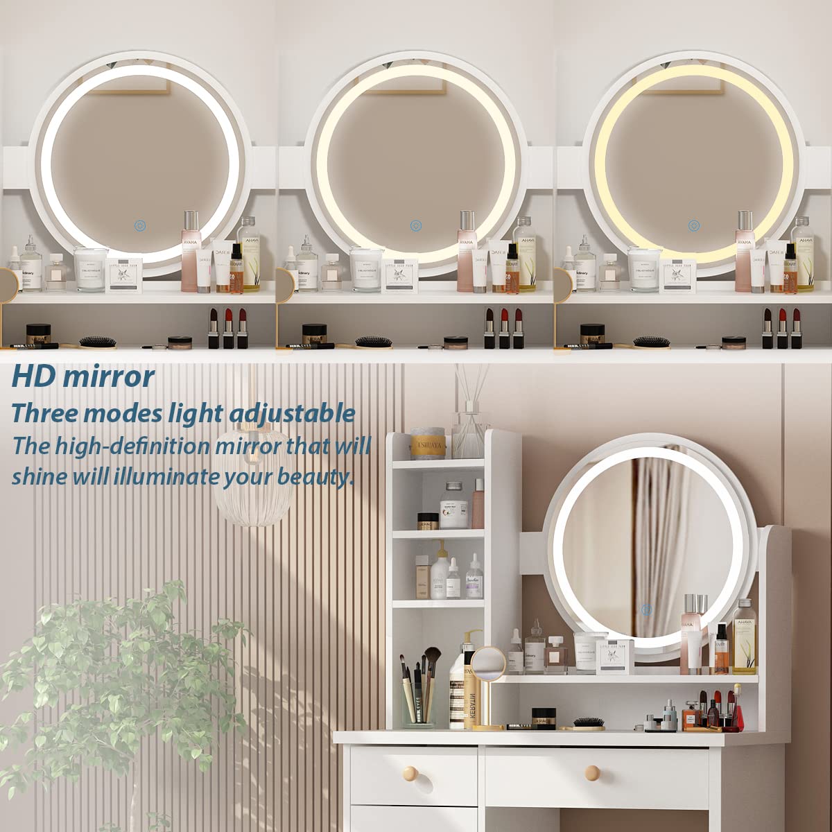 White Makeup Vanity Set with 5 Drawers, Shelf & Touch Screen LED Mirror - Includes Cushioned Stool for Bedroom | Perfect for Beauty Routine, Dressing Area & Home Decor