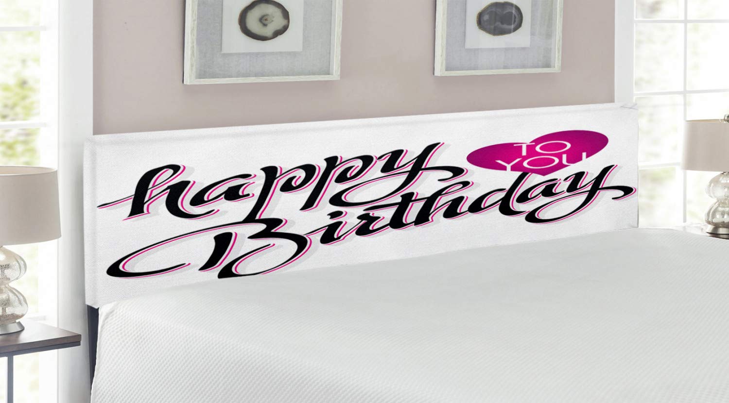 Ambesonne Vintage Typography King Size Headboard - Pink Heart Calligraphy Upholstered Metal Bed Frame with Memory Foam | Fuchsia Black White Design | Perfect for Birthday Gifts & Bedroom Decor