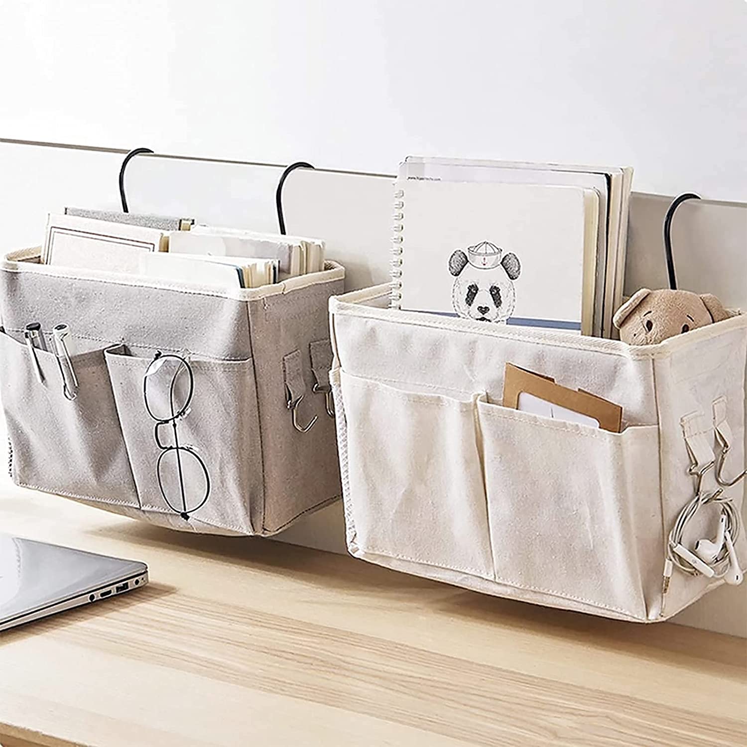 Bedside Storage Pocket Organizer - Hanging Bedside Organizer with Hook for Home, Office, School, Dorm & Bedroom - White & Grey - Perfect for Storing Books, Phones & Essentials by Your Bed