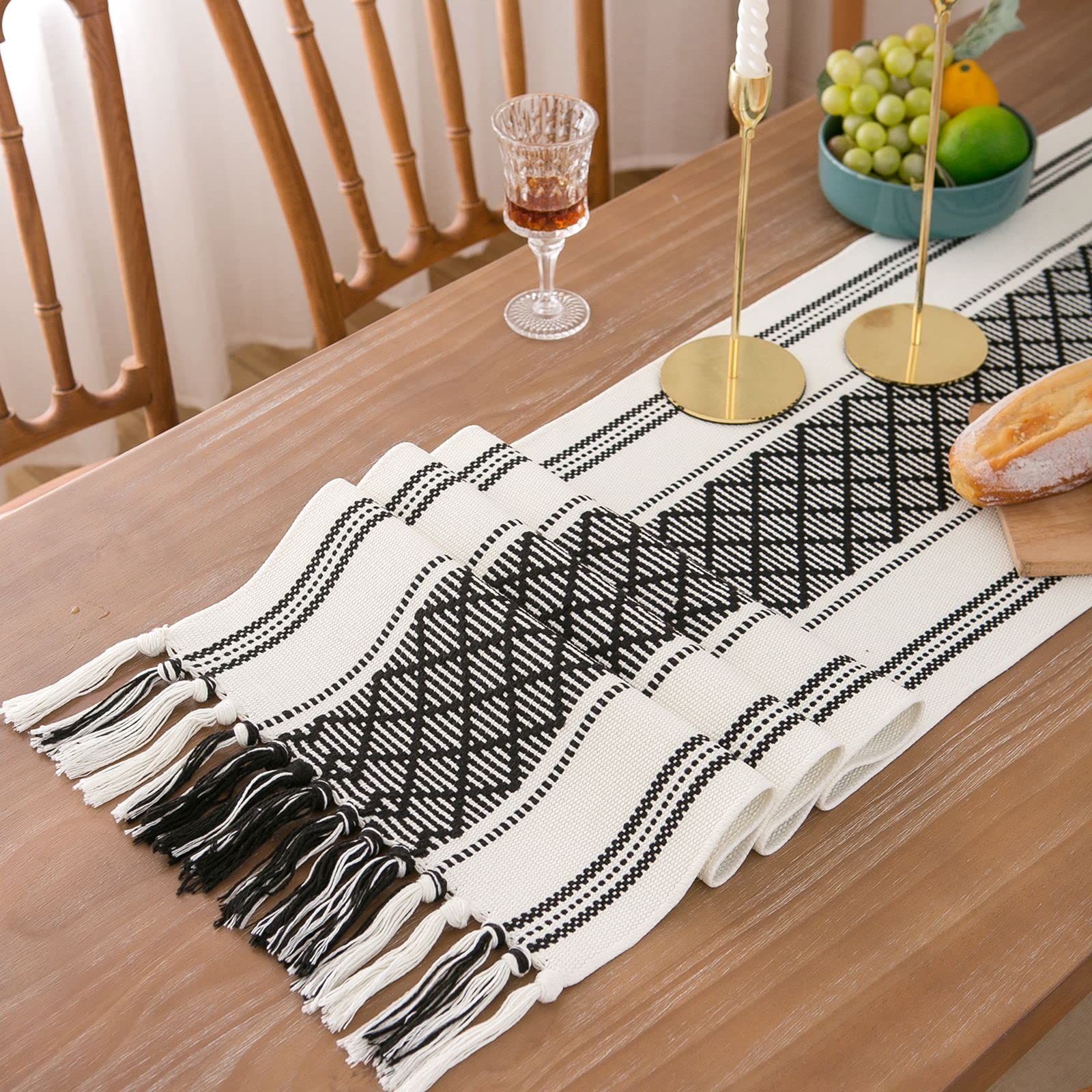 Boho Table Runner 14 x 72 Inches - Farmhouse Style Woven Table Runner with Black & White Hand-Tassels for Wedding, Party, Dining Room & Dresser Decor - Perfect for Rustic, Boho & Farmhouse Home Decor (Black)
