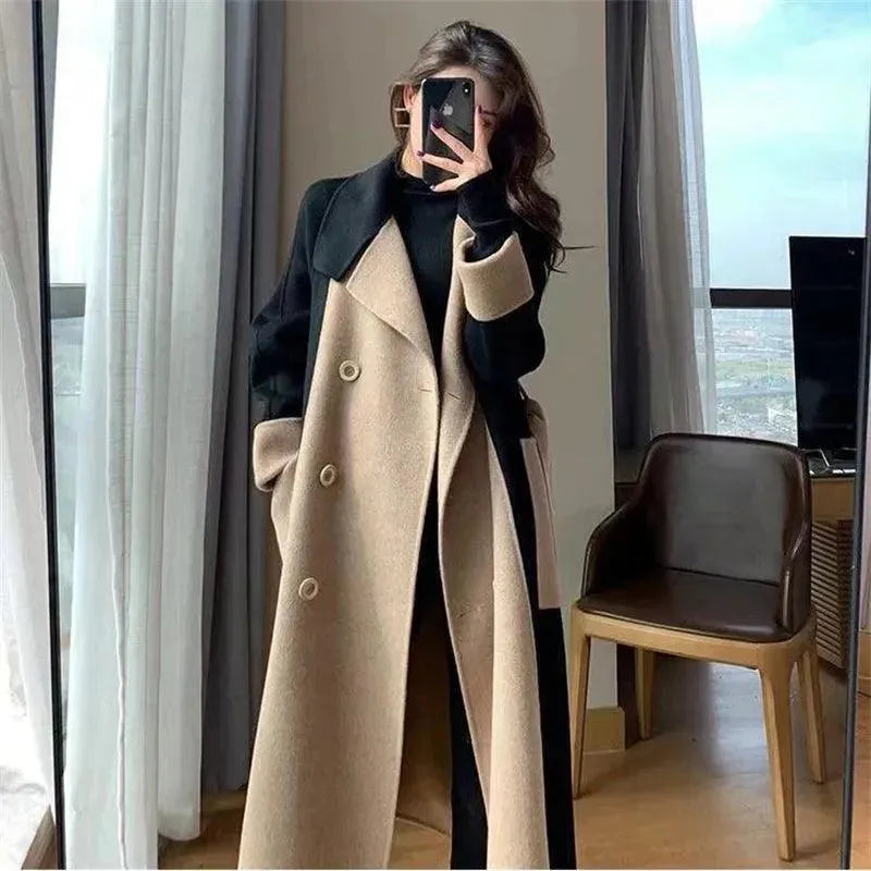 Stylish Women's Wool Blend Patchwork Trench Coat | Fashionable Winter Long Coat with Unique Design | Perfect for Office, Dating & Outdoor Activities