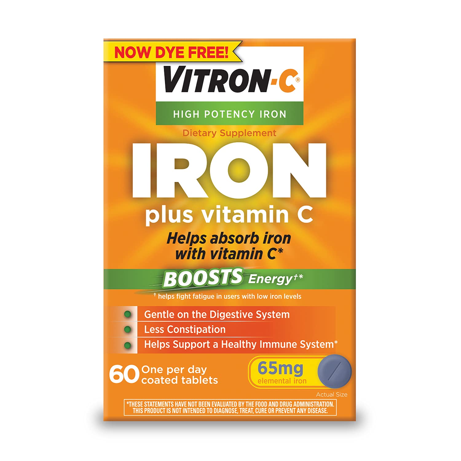 Vitron-C High Potency Iron Supplement with Vitamin C - 60 Dye-Free Tablets for Daily Use | Supports Red Blood Cell Production & Energy Boost | Ideal for Anemia Support & Active Lifestyle