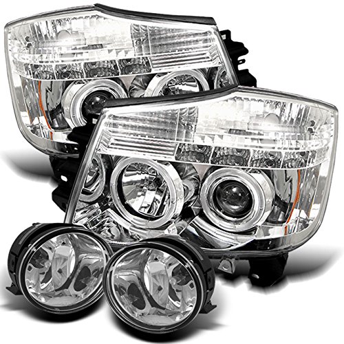 AKKON Clear Dual Halo Projector LED Headlights + Fog Lights for 2004-2015 Nissan Titan & 2004-2007 Nissan Armada | Upgrade Night Visibility for Off-Roading & Daily Commuting