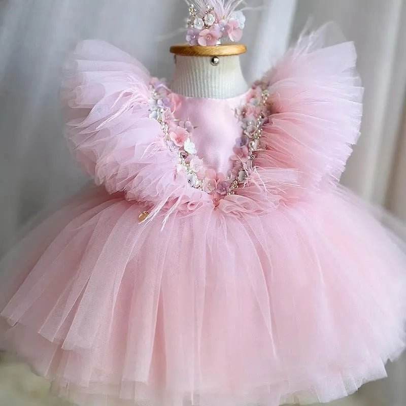 Exquisite Flower Girl Dress with Pleated Skirt, Pearl Beading & Floral Appliques – Elegant Mesh Princess Wedding Dress for Special Occasions