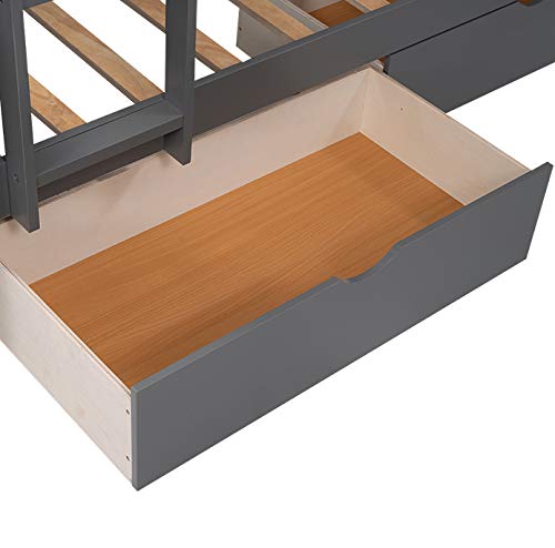 KLMM L-Shaped Twin Over Twin Bunk Bed with Loft - Space-Saving Corner Bunk Bed Frame for Kids, Teens & Adults - Includes 2 Drawers & 2 Ladders - Gray Finish - Perfect for Small Bedrooms, Guest Rooms & Vacation Homes