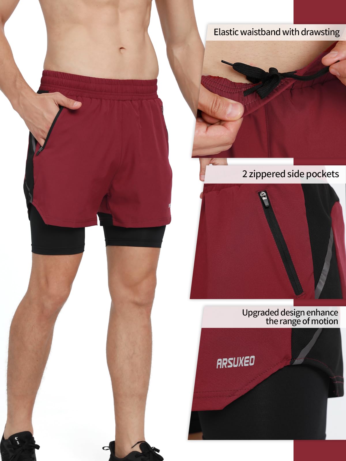 ARSUXEO Men's 2-in-1 Running Shorts with Liner - Quick Dry Athletic Workout Shorts with 2 Zipper Pockets for Gym, Jogging & Outdoor Sports