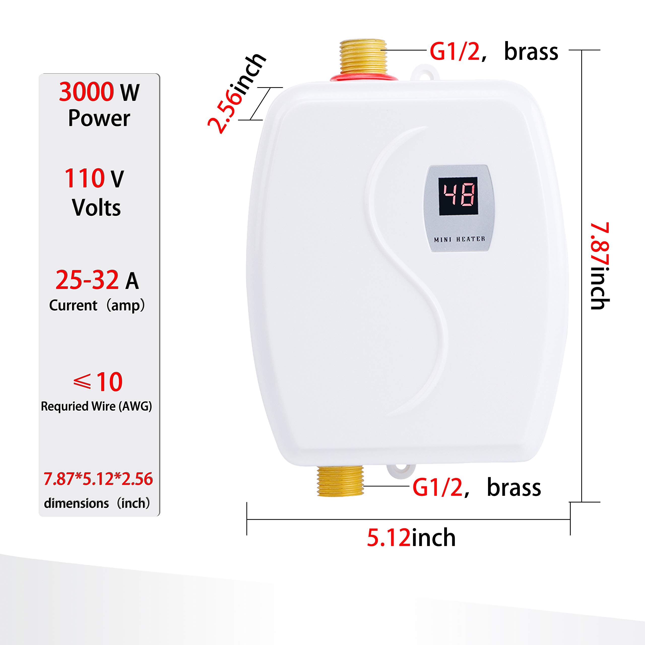 3000W Electric Tankless Water Heater - Instant Hot Water On Demand, Adjustable Temperature 68°F~126°F, Compact 7.8