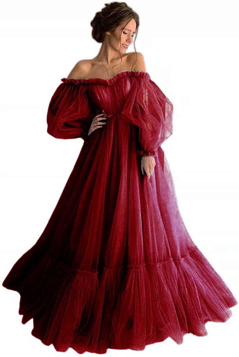 Xijun Women's Off The Shoulder Puffy Sleeve Prom Dress Long Evening Gown Plus Size Formal Party Gown for Homecoming, Wedding, Ball & Special Occasions