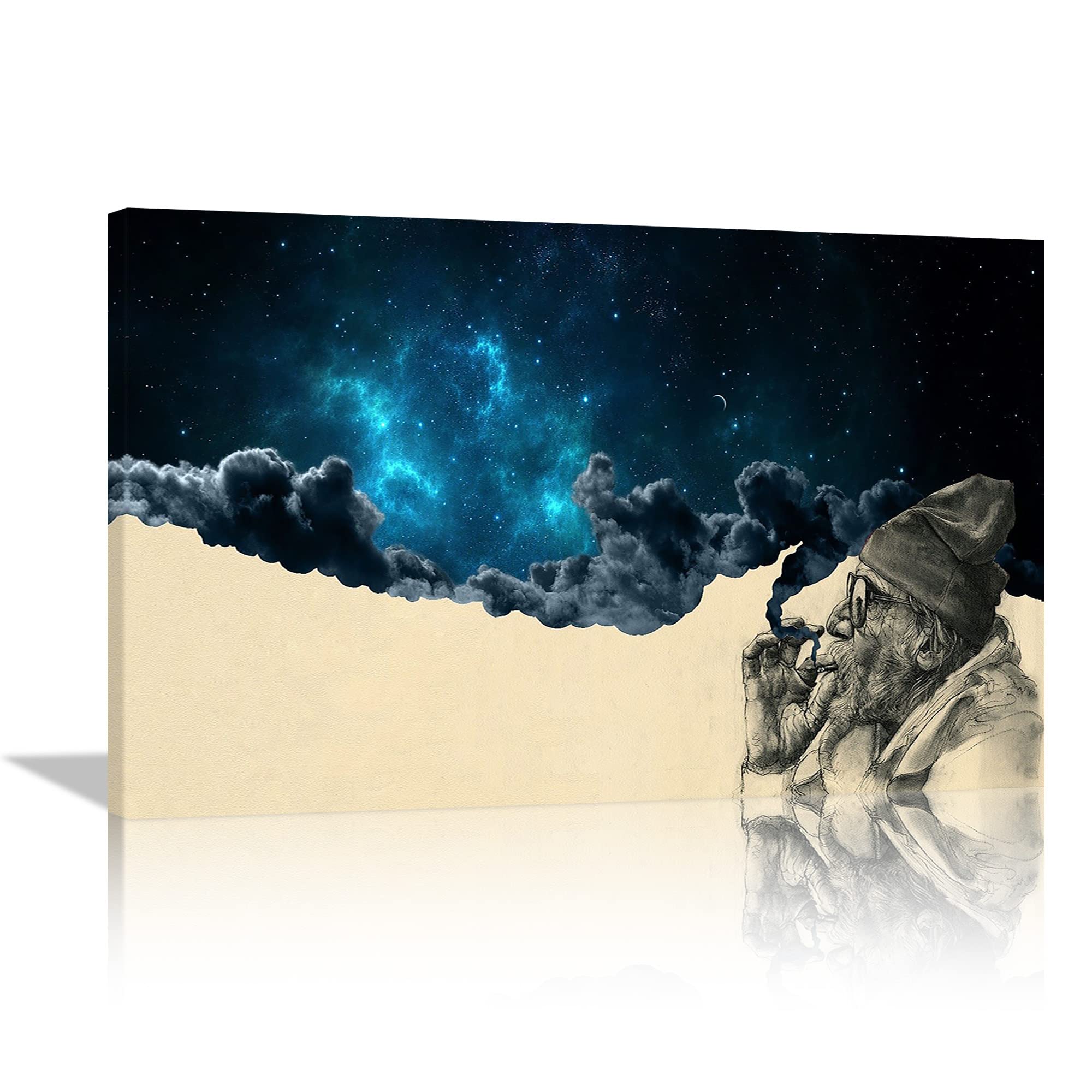 Blue Starry Sky Smoking Old Man Canvas Wall Art - Modern Framed Painting Poster for Home Decor, Bedroom, Office & Living Room - Ready to Hang 28x44 Inches - Perfect for Boho Decor & Meditation Spaces